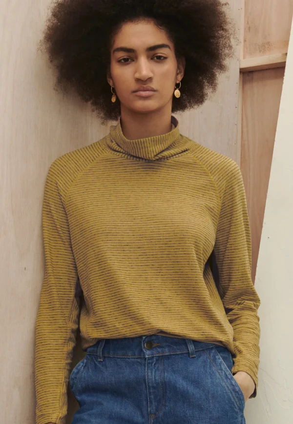 Women Wrap London Jersey Tops*Striped Funnel-Neck Top