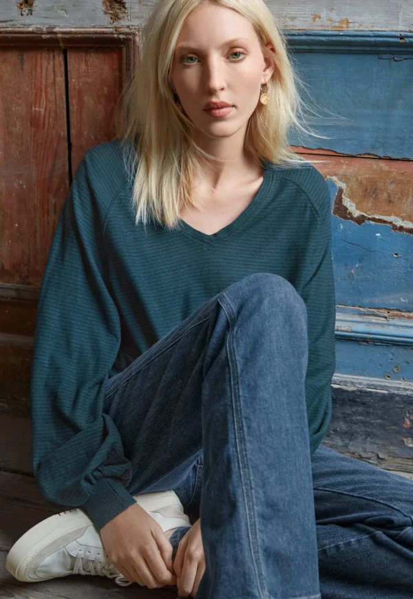 Women Wrap London Jersey Tops*Striped V-Neck Top